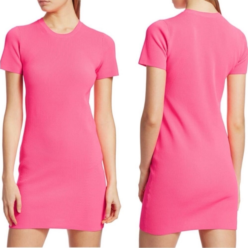 Helmut Lang Knit Short Sleeve Sweater Mini Dress in Neon Pink Sz M